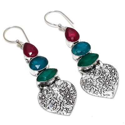 Greensimulated, Rosso Giada Gemma 925 Argento Sterling Gioielli Orecchino - Immagine 1 di 4