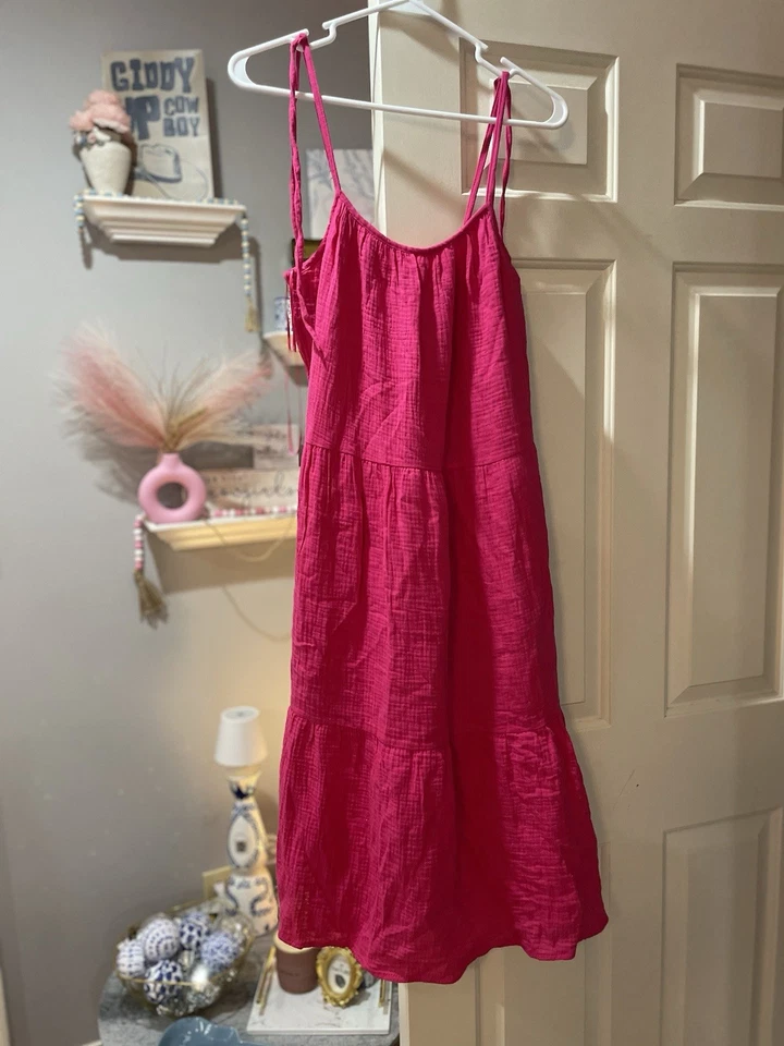 Linen pink  long mini dress with tie sleeves - Image 1 of 1