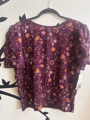 New With Tags Lily White -Burgundy Floral Blouse Size  Large W/tie Back - Image 1 of 4
