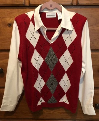 Alfred Dunner Talla Lg Blusa Cuello Una Pieza con Argyle Suéter Chaleco Adjunto L Foto 1 de 4