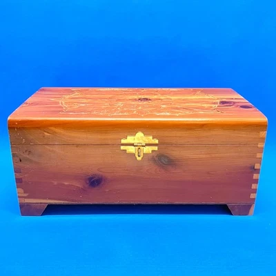 VTG Cedar Wood Jewelry Box w Mirror Pressed Carved Floral Hinged Lid, Metal Hasp - Image 1 of 4