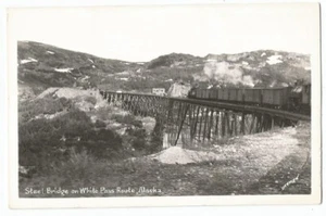Ruta Pase Blanco, postal antigua RPPC Alaska, tren sobre puente de acero de Dedman - Imagen 1 de 2