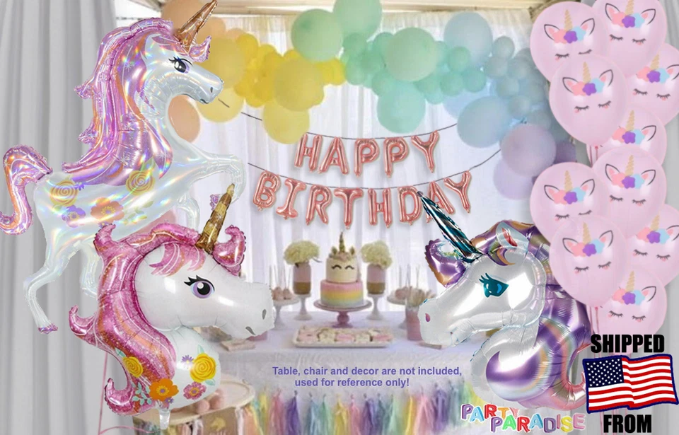 JUEGO PASTEL COMPLETO 139 piezas Arco Globo + Unicornio ROSA PÚRPURA + LOTE FELIZ CUMPLEAÑOS Foto 1 de 4