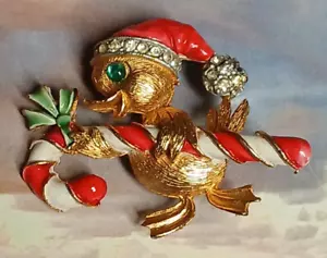 Spilla smaltata metallo tono oro JJ anni 60 anatra natalizia e canna caramelle - Foto 1 di 8