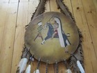 NATIVE AMERICAN CEREMONIAL LEATHER SHIELD, 21" PAINTED "COUNTING COUP", SD-03697