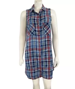 CLOTH & STONE BLUE RED PLAID BUTTON SLEEVELESS DRESS MEDIUM - Picture 1 of 8