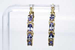 $800 3.88CT NATURAL TANZANITE & WHITE DIAMOND IN & OUT HOOP EARRINGS .925 SILVER