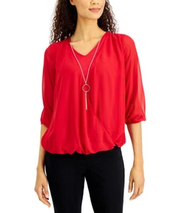 New JM Collection Women Three-Quarter-Sleeve Necklace Top, Red, Small - Picture 1 of 2