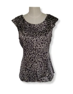 Ann Taylor Blouse Silk Gray & Black Animal Print Sleeveless Ruffle Neck Size S - Picture 1 of 6