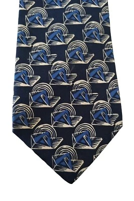 Polo Ralph Lauren Navy Blue With Beige & Blue Geometric Pattern 57/4 Silk Tie - Image 1 of 4