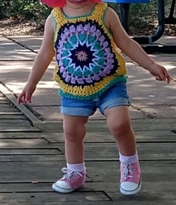 Handmade Toddler Crochet Vest Tank Boho Hippie Yellow Teal Pink Purple Mandala - Picture 1 of 6