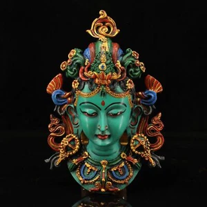 Tibet Buddhism Coloured drawing Green tara lacquer Statue Bodhisattva mask - Picture 1 of 9