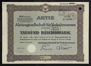 ALEMANIA 894/E - Aktiengesellschaft für Verkehrswesen zu Berlin 1927 1000 RM - Imagen 1 de 1