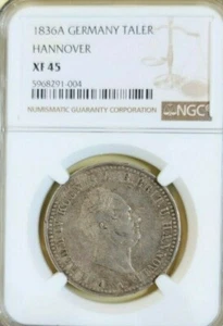 1836 GERMANY SILVER 1 TALER HANNOVER WILLIAM IV NGC XF 45 RARE GREAT LOOKING - Picture 1 of 4