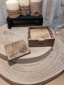 Rustic Set Of 4 Mango Wood Scottish Pheasant Coasters And Holder Set - Picture 1 of 4