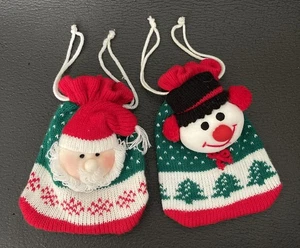 Vintage Weihnachten Kordelzug Strick Taschen Schneemann & Weihnachtsmann 7" Dekoration - Bild 1 von 9