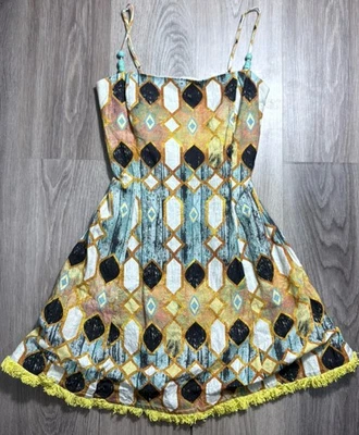 $495 CHRISTIAN LACROIX Lino Estampado Mini Alexis Flecos Vestido Festival Boho S Foto 1 de 4