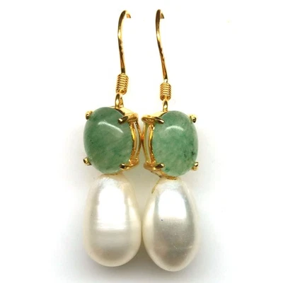 925 Sterling Silver White Pearl & Green Emerald Earrings 18K Gold Plated - Image 1 of 4