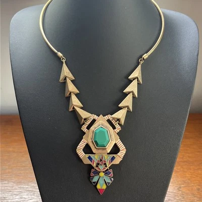 Zara Southwest Native Style Enamel Statement Necklace Boho Ethnic Brass Tone - Image 1 of 4