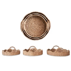 Braided Bankuan & Rattan Scalloped Tray with Handles - Picture 1 of 9