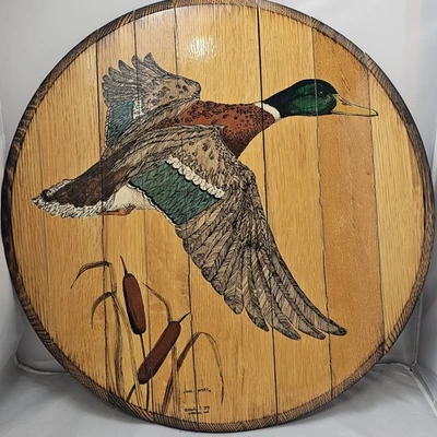 Vintage Glenda J Porter Mallard Duck Painting Wood Barrel Head Signed 1979 Art - Image 1 of 4