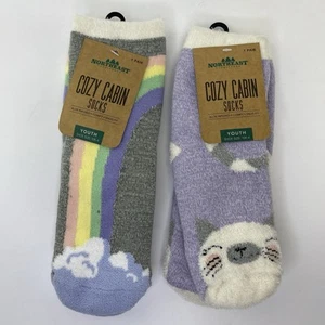 Cozy Cabin Fuzzy Socks Cat Rainbow Youth Small (10k-4) 2 Pairs - Picture 1 of 7