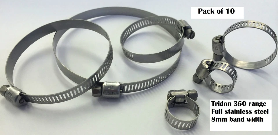 Pk of 10 TRIDON 350 RANGE 8mm band FULL SS HOSE CLIPS 16-16-65-88mm*CHOOSE SIZE