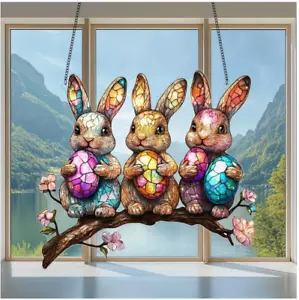 Large 2D Acrylic Stained Glass Look Suncatcher, Easter Bunnies with Eggs 7"x8" - Picture 1 of 10