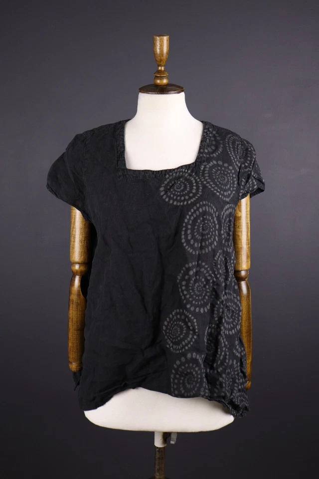 Elemente Clemente Black Lagenlook Floral Linen Relaxed Short Sleeve Top Shirt 3 - Image 1 of 4