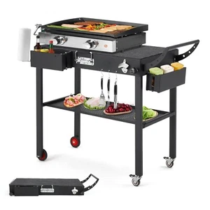 Outdoor Foldable Grill Cart 2-Shelf Movable BBQ PrepTable Griddle Stand w/Wheels - Picture 1 of 9