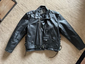 A-1 GENUINE BLACK LEATHER BIKER JACKET WITH ZIPPERS AND BELT - Picture 1 of 12