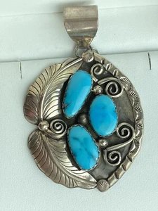 Vintage 1980s Native American Navajo Sterling Silver Turquoise Pendant Signed  D - Picture 1 of 12