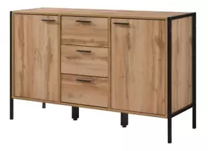 Oak Effect & Black 2 Door 3 Drawer Sideboard W123.8cm x D40cm x H80cm MERCIA - Picture 1 of 5