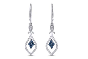 Drop Dangle Earrings White & Blue Real Diamond in 925 Sterling Silver - Picture 1 of 14