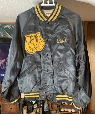Vintage Boxing Jacket “Satin" Black Large Yellow Novac & Cullen Club Omaha Paul Cover