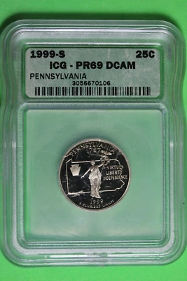 1999-S Proof ICG PR69 DCAM Pennsylvania State Washington Quarter 25c #B37523 - Image 1 of 2