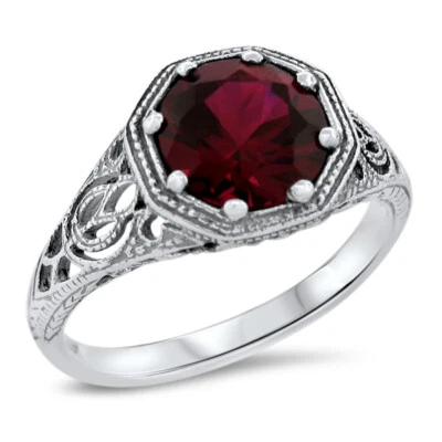 WEDDING ENGAGEMENT 925 STERLING SILVER FILIGREE LAB-CREATED RUBY RING      #1276 - Image 1 of 3