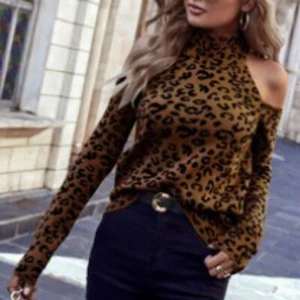 NEW Leopard Pattern Knit Cold Shoulder High Neck Sweater Brown Black Medium  - Picture 1 of 6