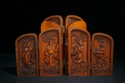 老中国风水方木手工雕刻八仙佛盒 — 第 1/4 张图片