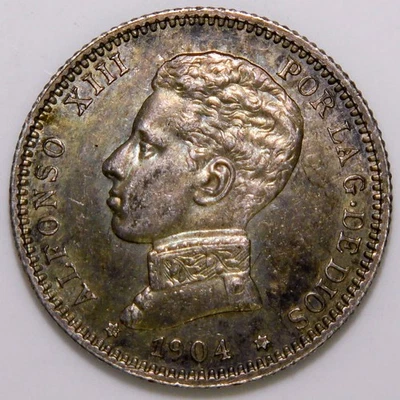 1904 Spain 1 Peseta Silver Alfonso XIII UNC i959 - Image 1 of 2
