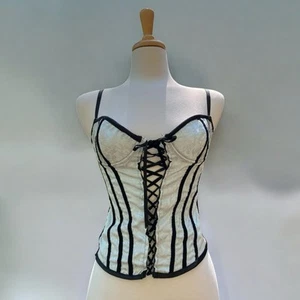 Fredericks of Hollywood Silk Overbust Corset Sz 36 Padded Pale Blue Black Floral - Picture 1 of 15