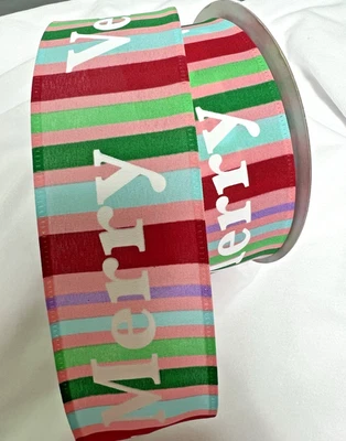 Cinta con cable de 10 yardas de 2,5 pulgadas invierno Navidad a rayas cinta muy feliz Foto 1 de 2