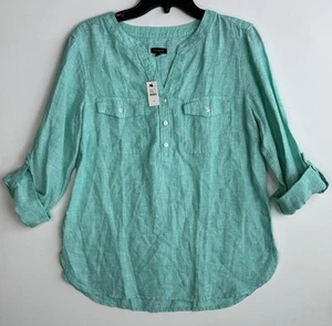 Talbots Popover Linen Shirt Blouse Teal Roll Tab Sleeve Beachy Lagenlook Medium - Picture 1 of 10
