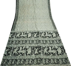 Sushila Vintage Cream Scrap Saree 100% Pure Silk Human Printed 5 YD Sari Fabric - Picture 1 of 11