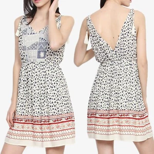 TheMogan Leaf Border Print Sleeveless V Neck Low Back Fit and Flare Short Dress - Picture 1 of 14