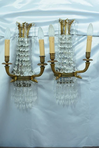 French LOUIS XVI WALL SCONCES Pampilles Crystal Prisms Swan Bronze LUCIEN GAU Cover