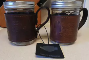 HARLEY DAVIDSON ~ Set of 2 Leather Mason Glass Jar Sleeve Cup Mug Holder Tag - Picture 1 of 10