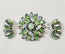 Vintage Kramer Light Blue & Green Opaline Rhinestone Flower Brooch & Earrings