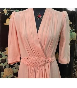 Pink Silk Vintage Soutache Russian Braid Wrap Dress Coat Trench 40s 30s 1940s - Picture 1 of 8