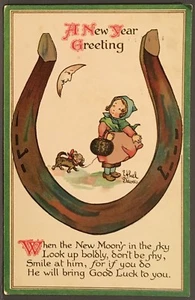New Year ~ Little Girl & Dog In Horseshoe Under Moon ~ Nister ~ Signed E. Dewees - Picture 1 of 2